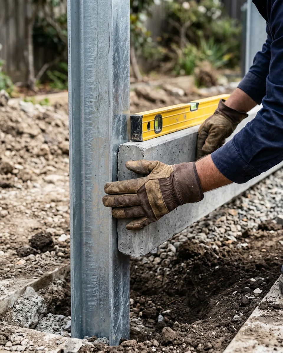 Concrete sleepers being levelled between galvanised steel posts