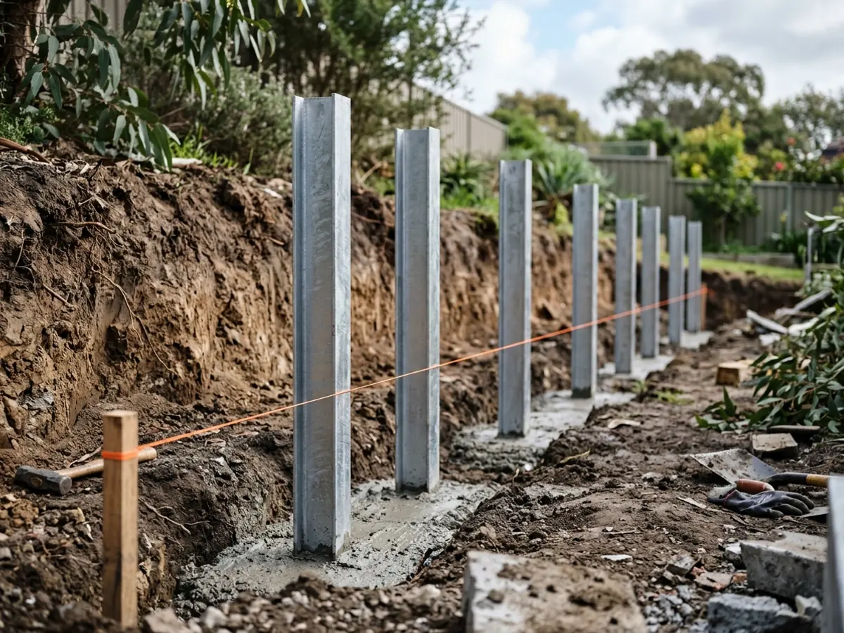 Steel posts for sleepers set in concrete footings for a concrete sleeper retaining wall
