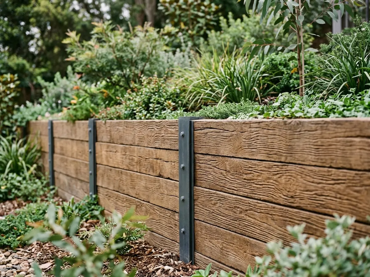 Timber-look concrete sleepers in a garden retaining wall