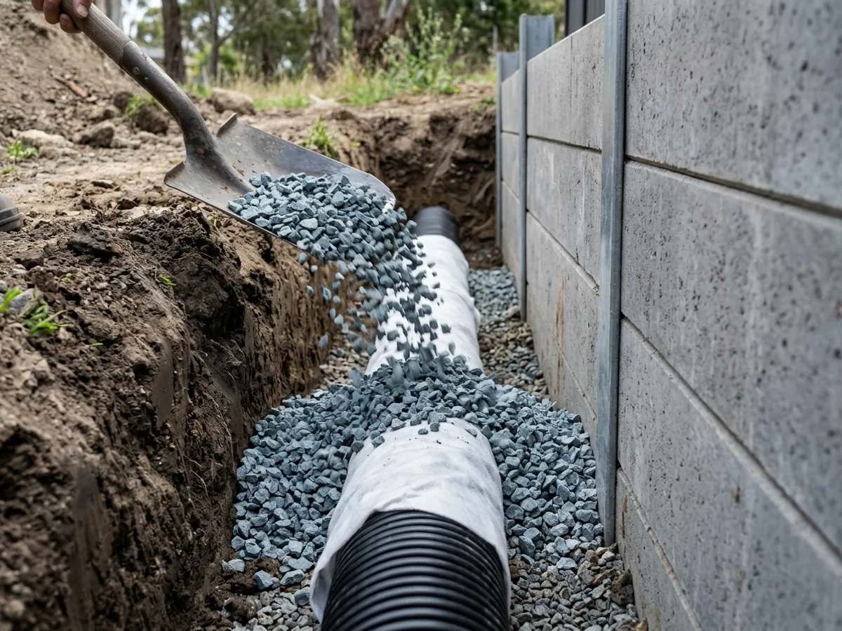 Retaining wall drainage with ag pipe, geotextile fabric and gravel backfill behind concrete sleepers