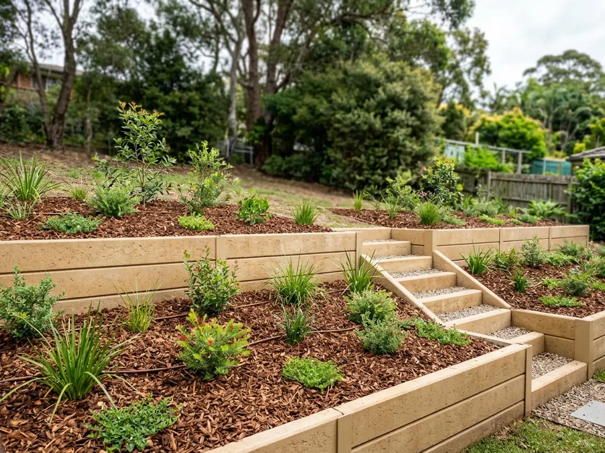 Terraced garden beds and steps built from concrete sleepers