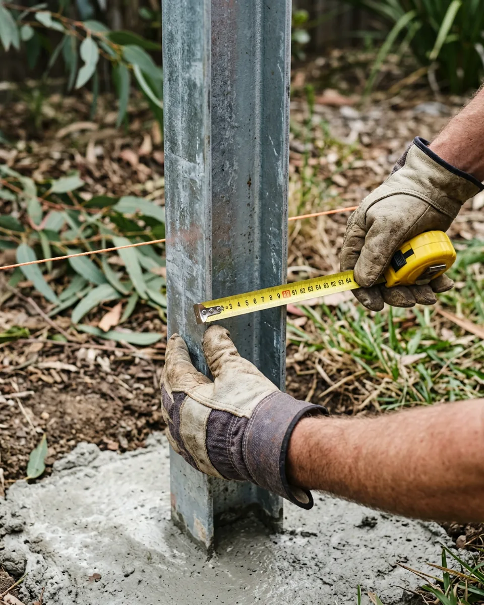 Concrete sleeper retaining wall installers measuring steel posts for sleepers
